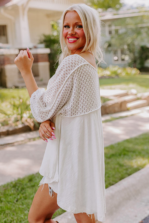 Eyelet Patchwork V Neck Oversized High Low Hem Top