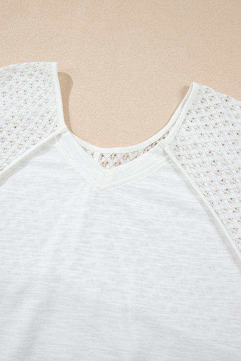Eyelet Patchwork V Neck Oversized High Low Hem Top