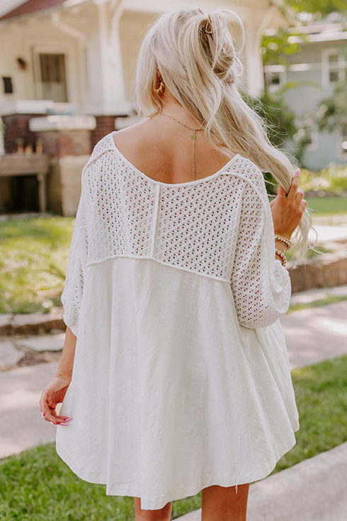 Eyelet Patchwork V Neck Oversized High Low Hem Top