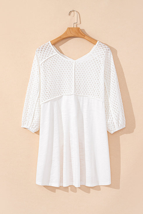 Eyelet Patchwork V Neck Oversized High Low Hem Top
