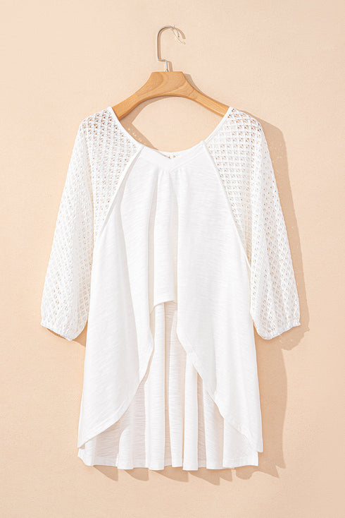 Eyelet Patchwork V Neck Oversized High Low Hem Top