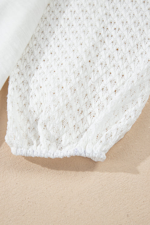 Eyelet Patchwork V Neck Oversized High Low Hem Top