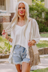 Eyelet Patchwork V Neck Oversized High Low Hem Top