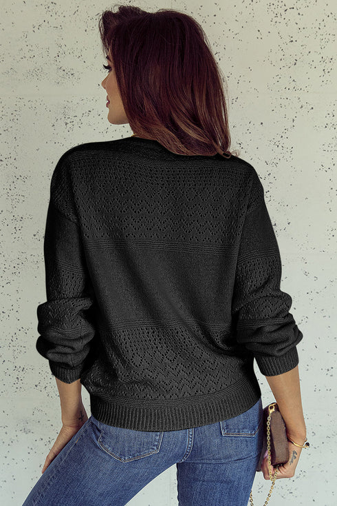 Eyelet Pattern Detail V Neck Drop Shoulder Sweater