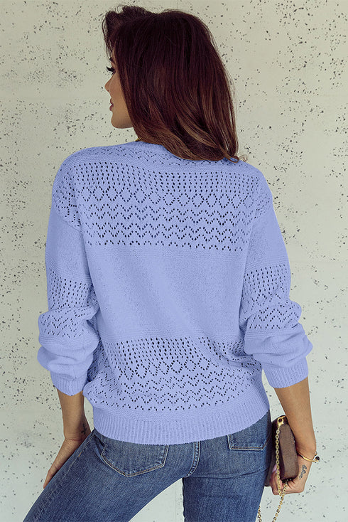 Eyelet Pattern Detail V Neck Drop Shoulder Sweater