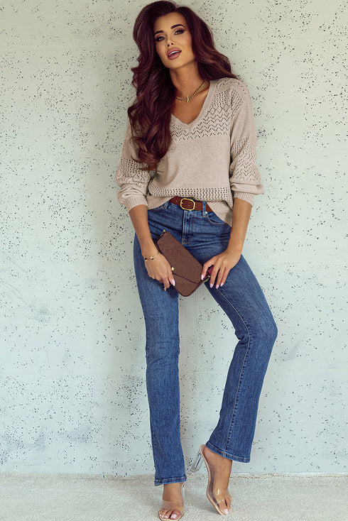 Eyelet Pattern Detail V Neck Drop Shoulder Sweater