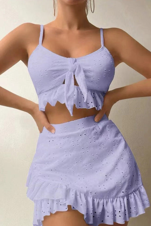 Eyelet Pattern Knotted Ruffle Trim 3pcs Bikini Set