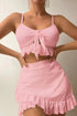 Eyelet Pattern Knotted Ruffle Trim 3pcs Bikini Set