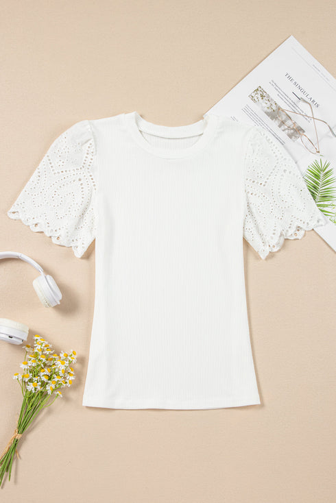 Eyelet Puff Sleeve Ribbed Knit Mixed Media Top