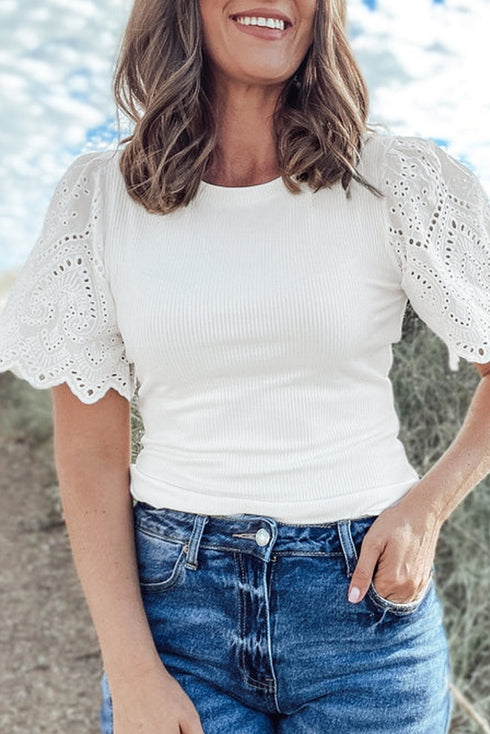 Eyelet Puff Sleeve Ribbed Knit Mixed Media Top