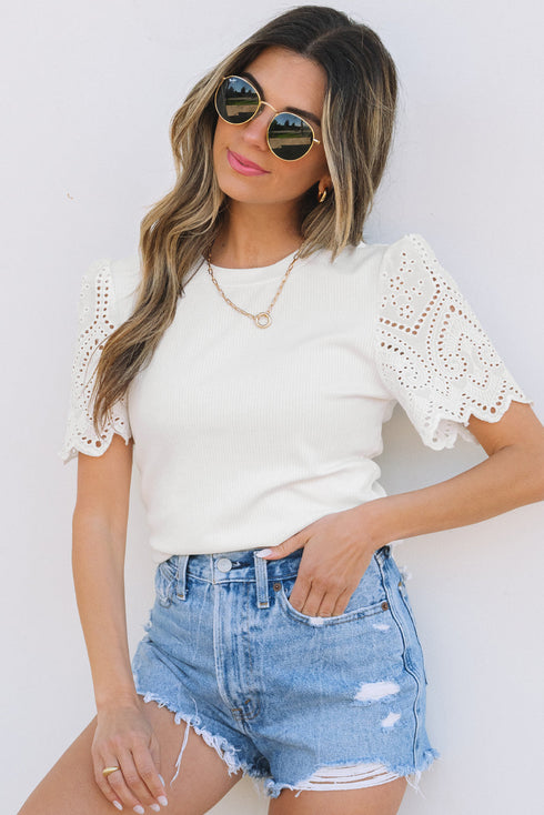 Eyelet Puff Sleeve Ribbed Knit Mixed Media Top