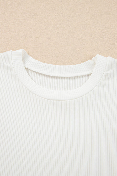 Eyelet Puff Sleeve Ribbed Knit Mixed Media Top