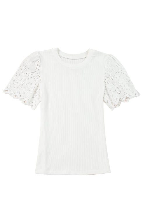 Eyelet Puff Sleeve Ribbed Knit Mixed Media Top