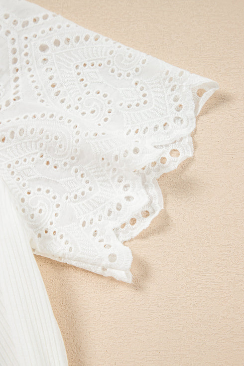 Eyelet Puff Sleeve Ribbed Knit Mixed Media Top
