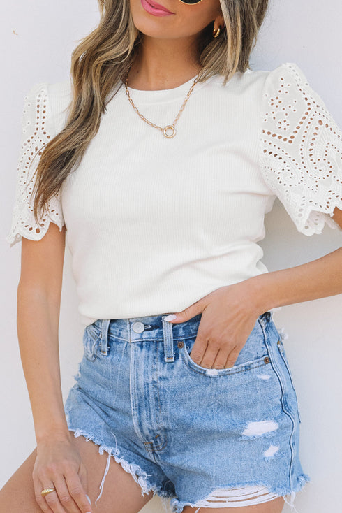 Eyelet Puff Sleeve Ribbed Knit Mixed Media Top