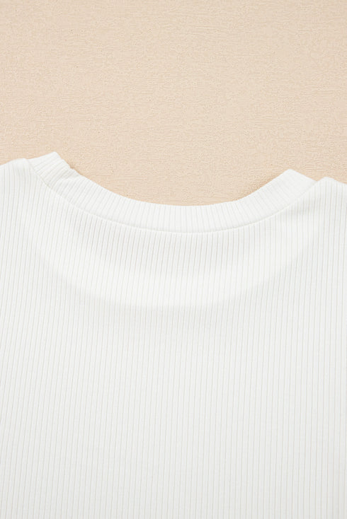Eyelet Puff Sleeve Ribbed Knit Mixed Media Top