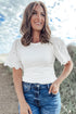 Eyelet Puff Sleeve Ribbed Knit Mixed Media Top