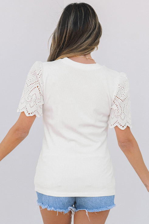 Eyelet Puff Sleeve Ribbed Knit Mixed Media Top