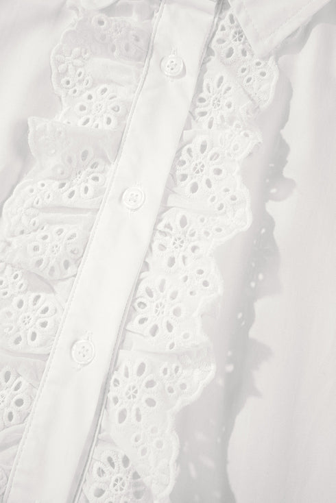 Eyelet Ruffle Trim Button Front Cotton Shirt