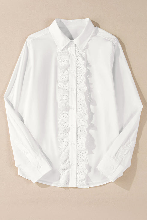 Eyelet Ruffle Trim Button Front Cotton Shirt