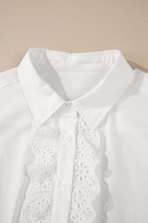 Eyelet Ruffle Trim Button Front Cotton Shirt