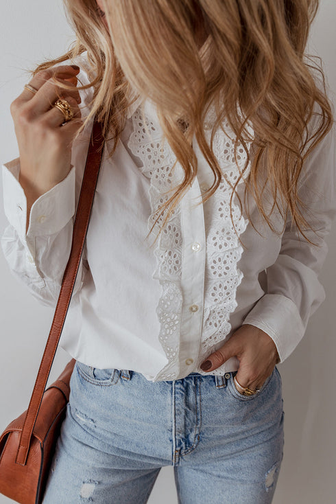 Eyelet Ruffle Trim Button Front Cotton Shirt