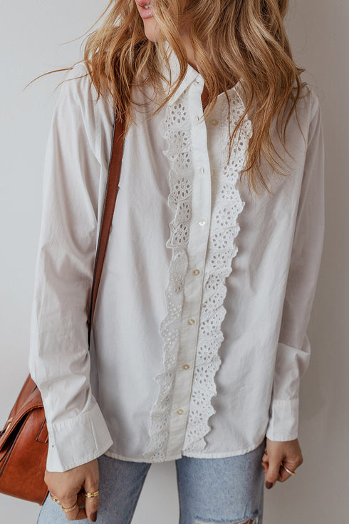 Eyelet Ruffle Trim Button Front Cotton Shirt