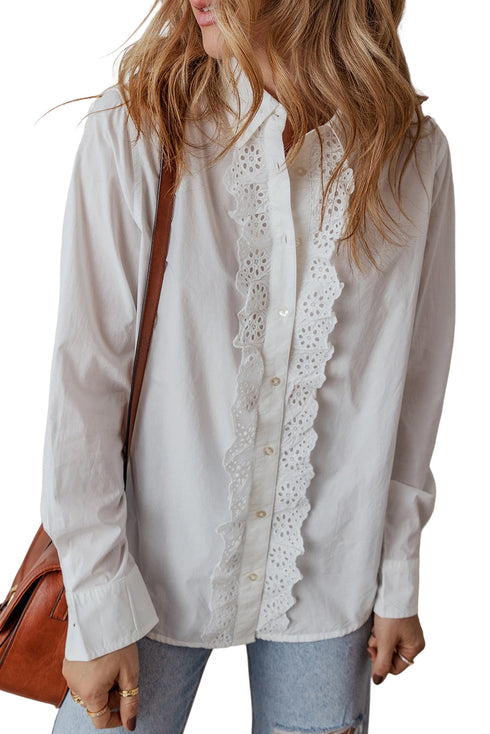 Eyelet Ruffle Trim Button Front Cotton Shirt