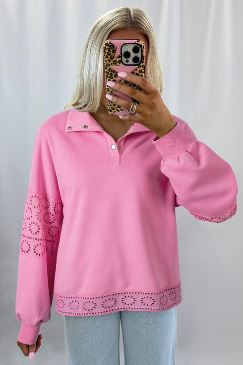 Eyelet Sleeve Snap Placket Pullover Sweatshirt