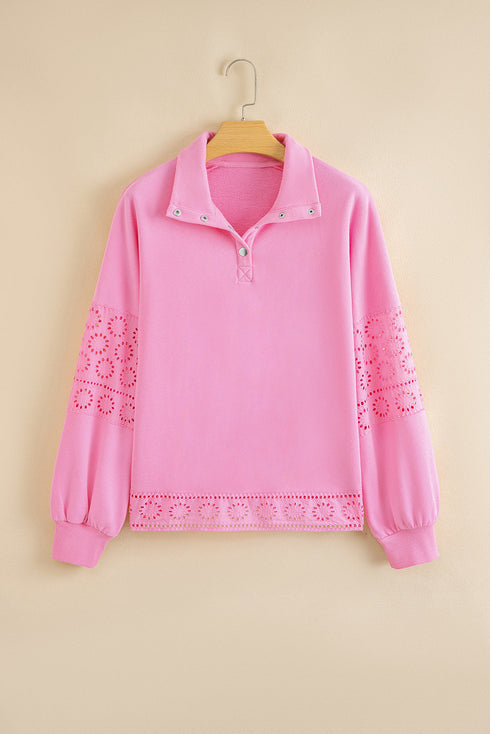 Eyelet Sleeve Snap Placket Pullover Sweatshirt
