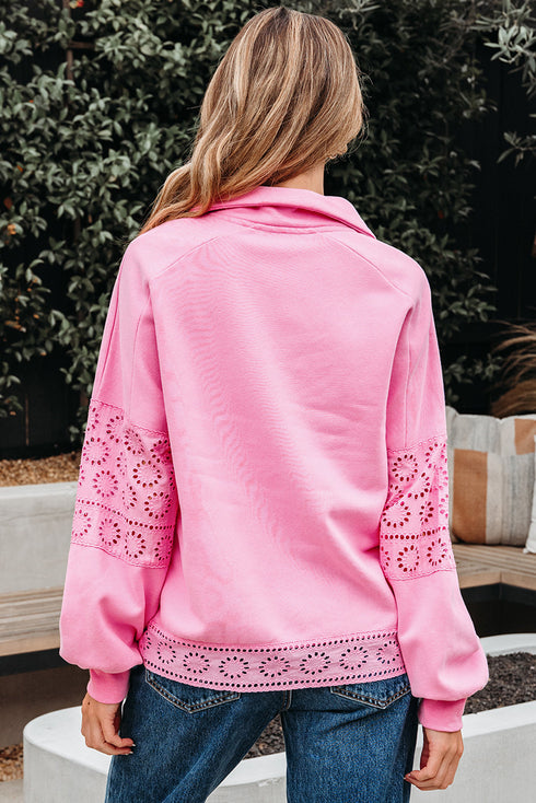Eyelet Sleeve Snap Placket Pullover Sweatshirt