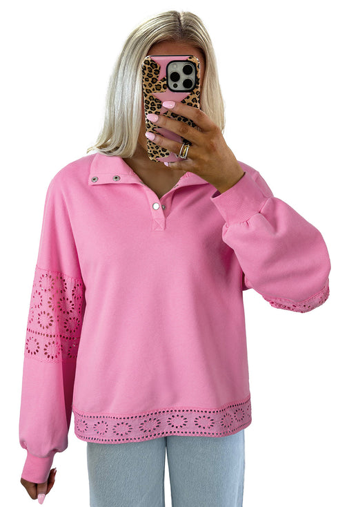 Eyelet Sleeve Snap Placket Pullover Sweatshirt