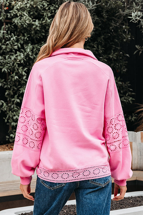 Eyelet Sleeve Snap Placket Pullover Sweatshirt