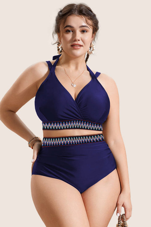 Embroidered Trim Wrap Tie High Waisted Plus Size Swimwear
