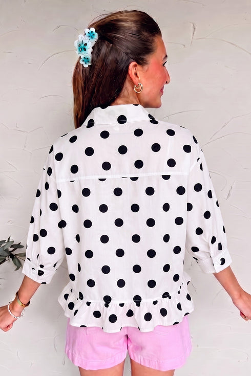 Three Quarter Sleeve Polka Dot Print Ruffle Hem Blouse