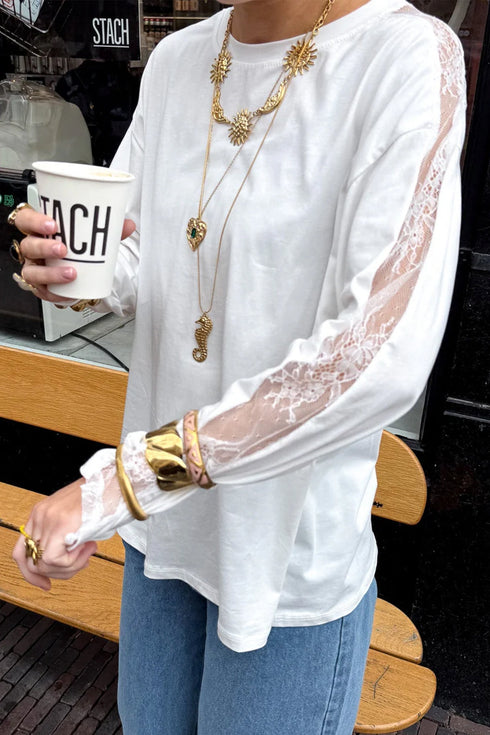 Lace Patchwork Round Neck Long Sleeve Top