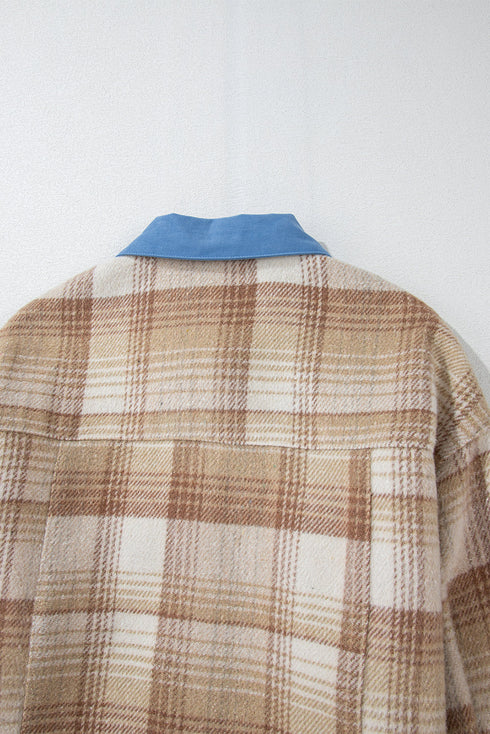 Casual Plaid Patchwork Flap Detail Button Up Shacket