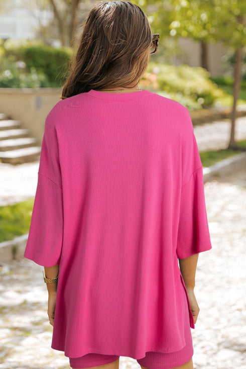 Solid Ribbed Loose Tunic Top And Slim Short Sets