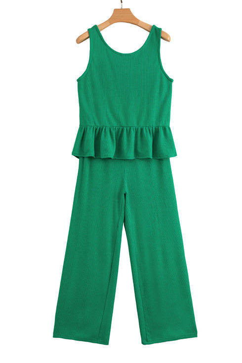 Textured Ribbed Ruffle Tank Top Wide Leg Pant Set