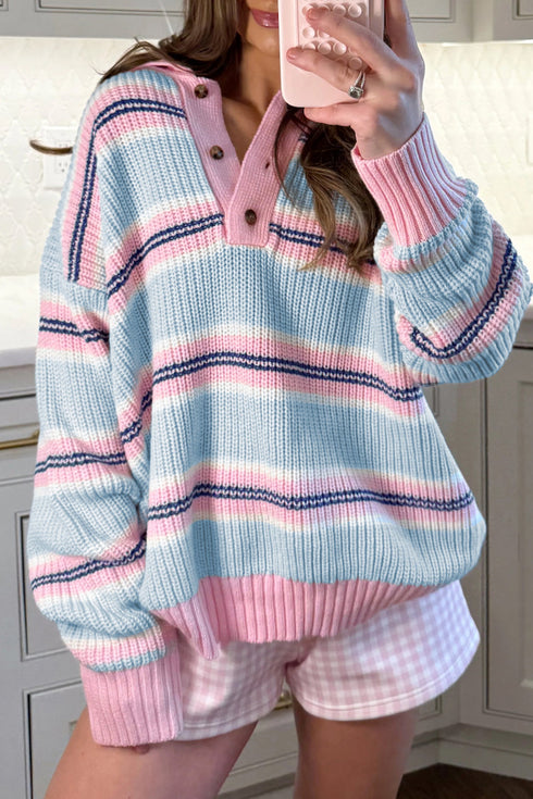 Striped Button Collar Long Sleeve Shift Fit Knitwear Sweater