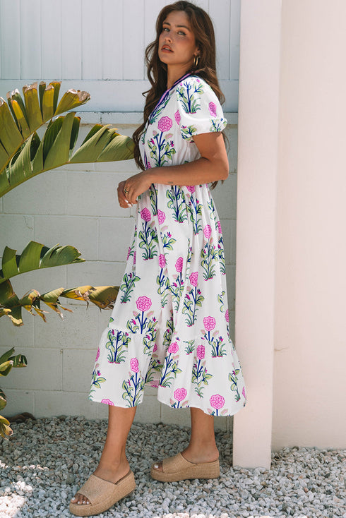 Floral Puff Short Sleeve V Neck High Waist Maxi Dress