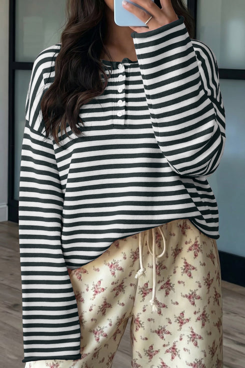 Striped Button Placket Drop Shoulder Long Sleeve Sweater