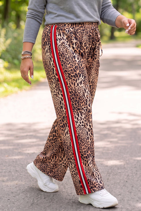 Leopard Print Side Striped Wide Leg Full Length Pants