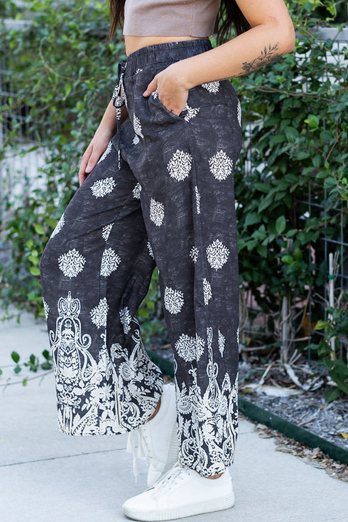Bohemian Paisley Print Elastic Waist Wide Leg Pants