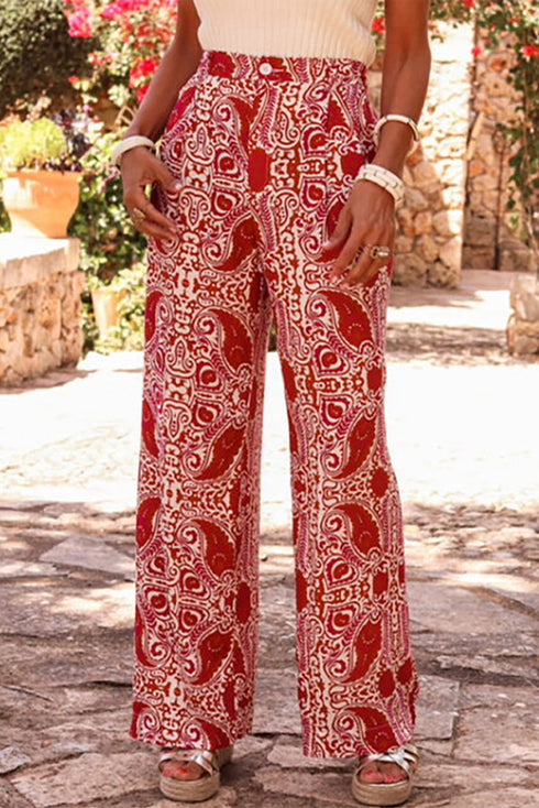 Bohemian Paisley Print Buttoned High Waist Wide Leg Pants