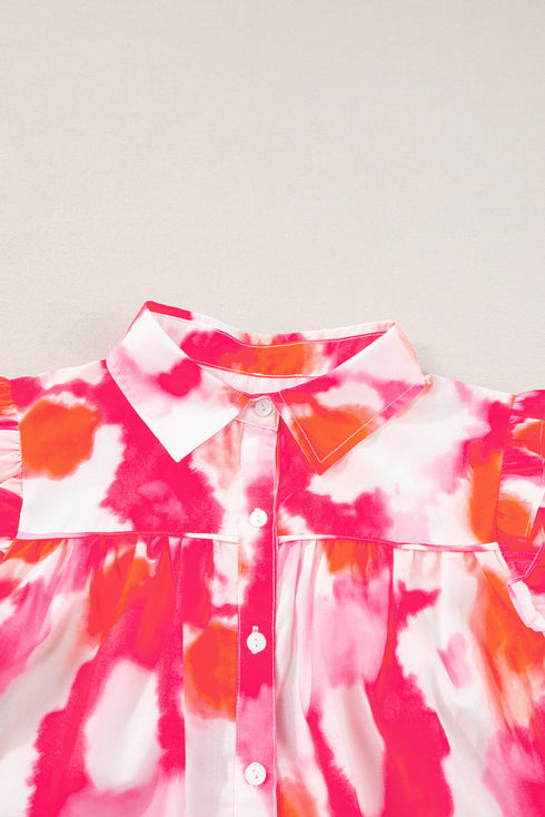 Abstract Burst Print Puff Sleeve Button Front Shirt