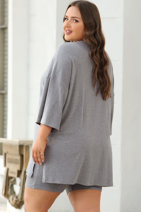 Solid Ribbed Loose Tunic Top And Slim Short Sets