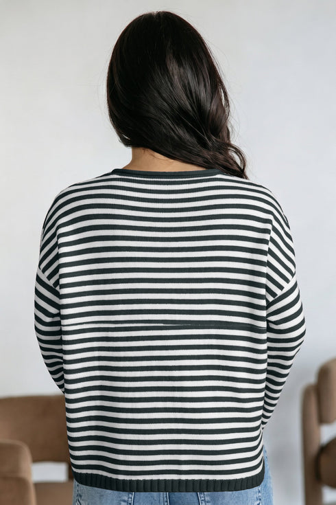 Striped Button Placket Drop Shoulder Long Sleeve Sweater
