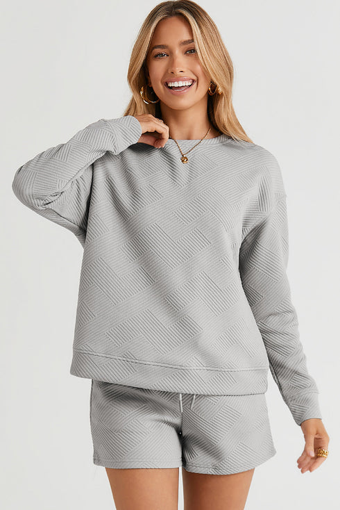 Textured Long Sleeve Top And Drawstring Lounge Short Sets