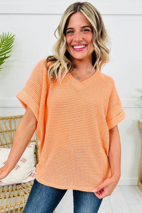 Waffle Knit V Neck Short Sleeve Solid Top